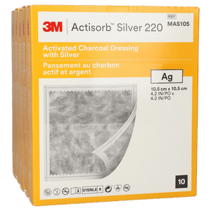 Box of 3M Actisorb Silver 220 with activated charcoal dressing on a white background - okotoks hc pharmacy