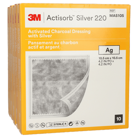 Box of 3M Actisorb Silver 220 with activated charcoal dressing on a white background - okotoks hc pharmacy