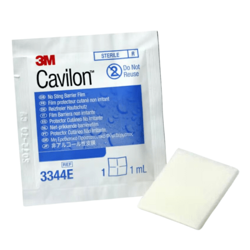 A 3M Cavilon sterile 1 mL wound care dressing packet shown next to the white dressing itself on a plain white background. - okotoks hc pharmacy
