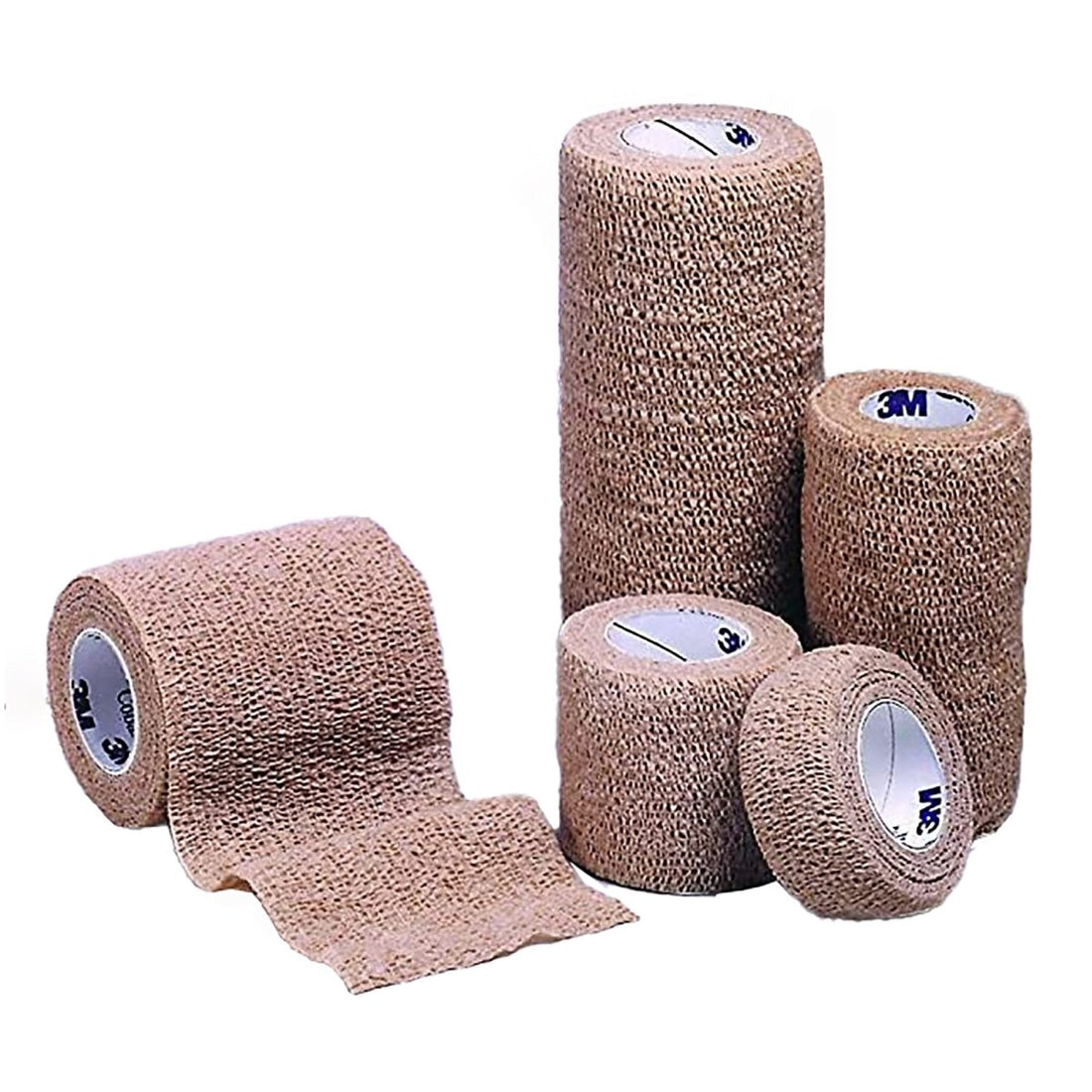 Set of beige elastic bandages of different sizes on a white background - okotoks hc pharmacy