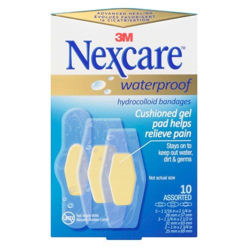 Nexcare waterproof hydrocolloid bandages packaging on a white background - okotoks hc pharmacy