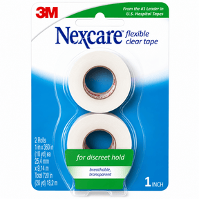 A retail package of 3M Nexcare flexible clear tape containing two rolls of white transparent tape on a blue and white backing card. - okotoks hc pharmacy