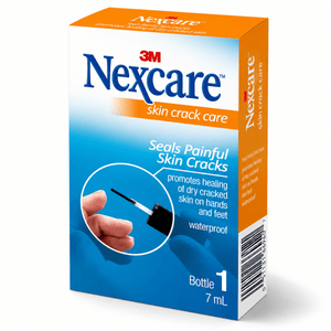 A box of 3M Nexcare skin crack care, bottle 1, 7 mL, shown on a clean white background. The packaging features a blue and orange design with a circular inset showing a hand holding a small black applicator. - okotoks hc pharmacy