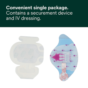 IV dressing and securing device with text about convenience and package contents. - okotoks hc pharmacy