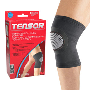 Black compression knee support with Tensor packaging on a white background - OKOTOKS HC PHARMACY