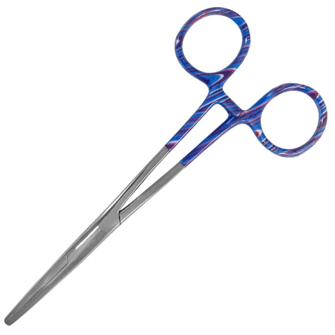 Pair of scissors with blue and red patterned handles on a white background - okotoks hc pharmacy