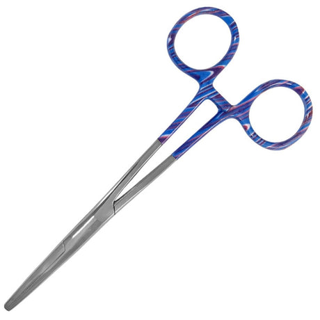 Pair of scissors with blue and red patterned handles on a white background - okotoks hc pharmacy