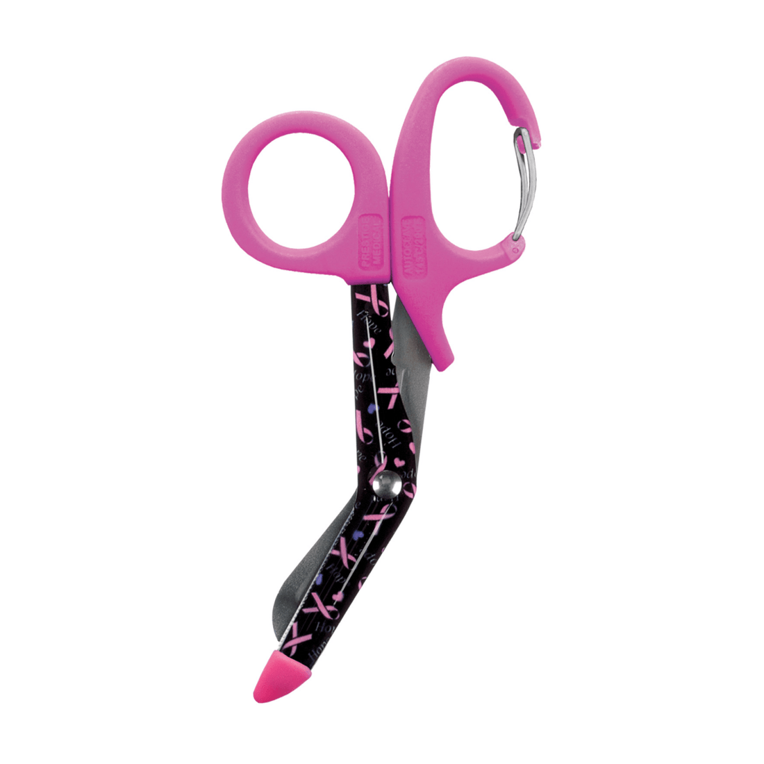 Scissors with pink handles and black handles with pink designs on a white background - okotoks hc pharmacy