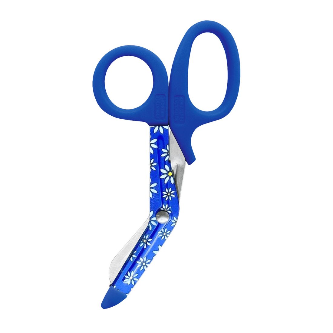 Blue scissors with floral pattern on a white background - okotoks hc pharmacy
