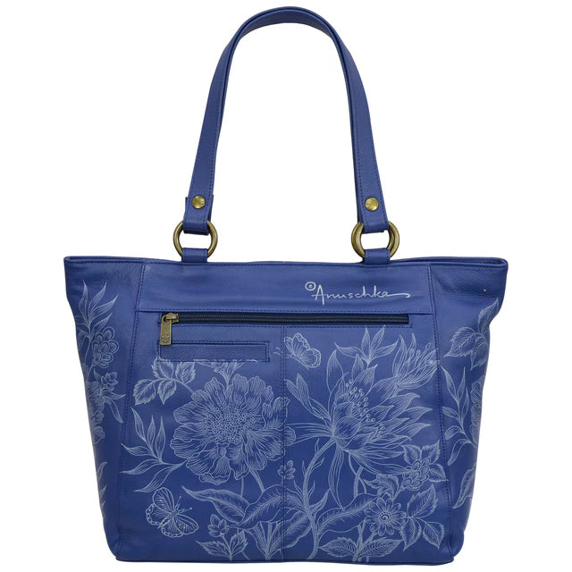 Blue tote bag with floral pattern and 'Arisaema' branding on a white background - okotoks hc pharmacy