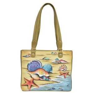 Hand-painted tote bag with seashell and starfish design on a white background - okotoks hc pharmacy