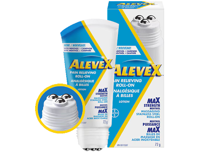 AleveX pain reliever packaging with a cartoon bear illustration on a white background - okotoks hc pharmacy