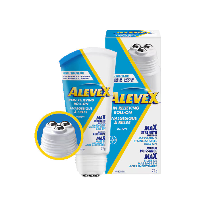 AleveX pain reliever packaging with a cartoon bear illustration on a white background - okotoks hc pharmacy