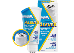 AleveX pain reliever packaging with a cartoon bear illustration on a white background - okotoks hc pharmacy