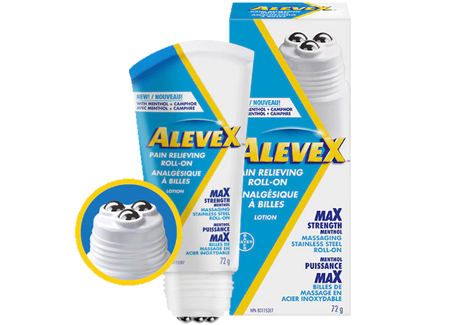 AleveX pain reliever packaging with a cartoon bear illustration on a white background - okotoks hc pharmacy