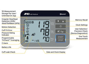 A&D Medical blood pressure monitor with labeled features on a white background - okotoks hc pharmacy