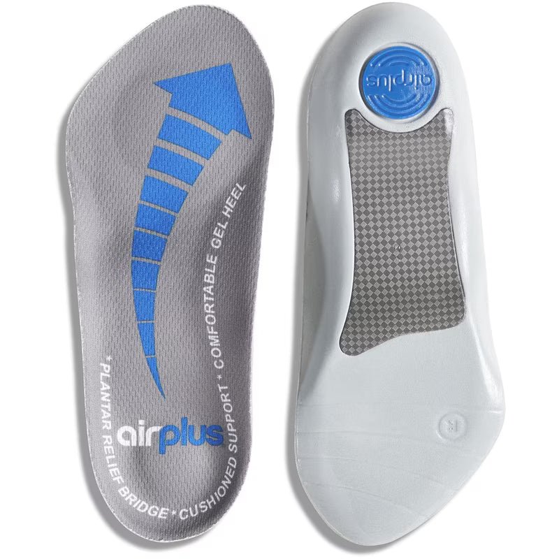 Gray and blue shoe insole with 'airplus' branding on a white background - okotoks hc pharmacy