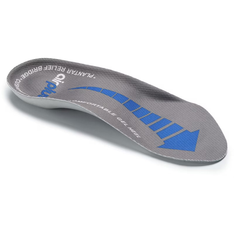 Gray shoe insole with blue accents on a white background - okotoks hc pharmacy