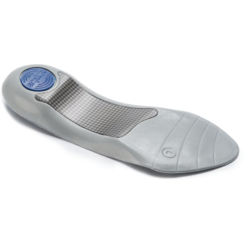 Gray shoe insole with a blue logo on a white background - okotoks hc pharmacy