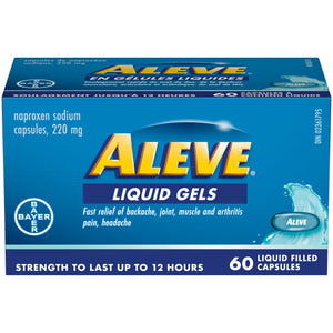 Box of Aleve Liquid Gels on a white background - okotoks hc pharmacy