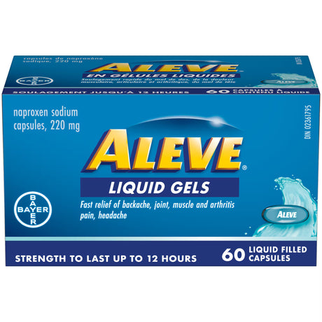 Box of Aleve Liquid Gels on a white background - okotoks hc pharmacy