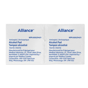 Two white alcohol pads with blue text, labeled Alliance, shown side by side on a white background. - okotoks hc pharmacy