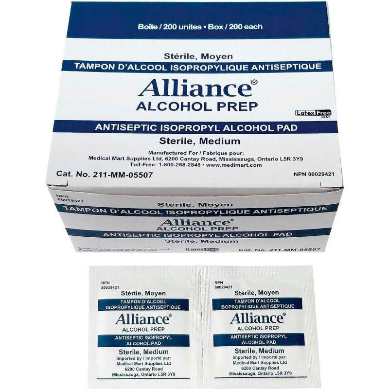 Box of Alliance Alcohol Prep antiseptic isopropyl alcohol pads on a white background - okotoks hc pharmacy