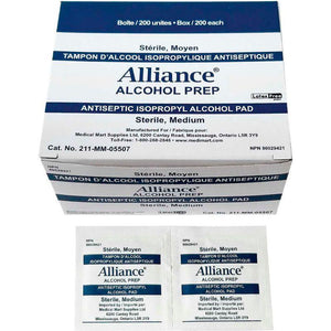 Box of Alliance Alcohol Prep antiseptic isopropyl alcohol pads on a white background - okotoks hc pharmacy