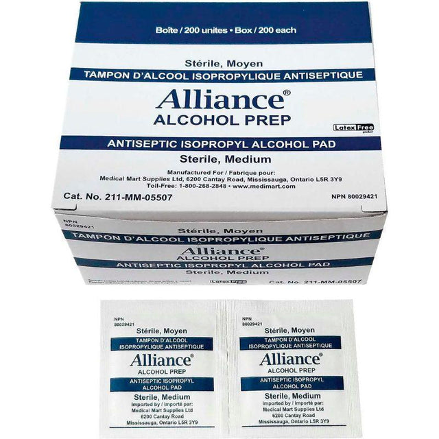 Box of Alliance Alcohol Prep antiseptic isopropyl alcohol pads on a white background - okotoks hc pharmacy