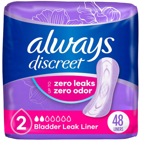Always Discreet bladder leak liner package with purple and blue design. - okotoks hc pharmacy