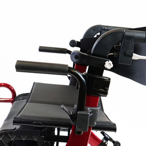 Close-up of a red and black mobility scooter with a focus on the seat and handlebar area. - okotoks hc pharmacy