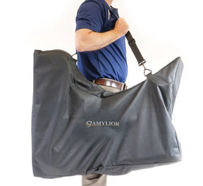 Person holding a large gray bag with 'SAMYLIOR' branding on a white background - okotoks hc pharmacy
