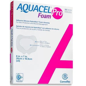 Box of Aquacel Pro Foam Adhesive Silicone Hydrofiber Foam Dressing, 8 in x 7 in, 5 pieces, with ConvaTec branding, shown on a white background. - okotoks hc pharmacy