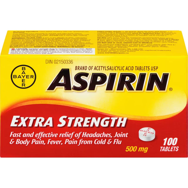 Box of Bayer Aspirin Extra Strength tablets on a white background - Okotoks HC Pharmacy