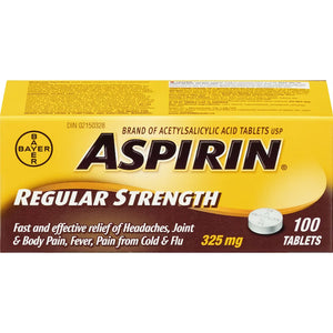Aspirin regular strength packaging with yellow and brown design - Okotoks HC pharmacy