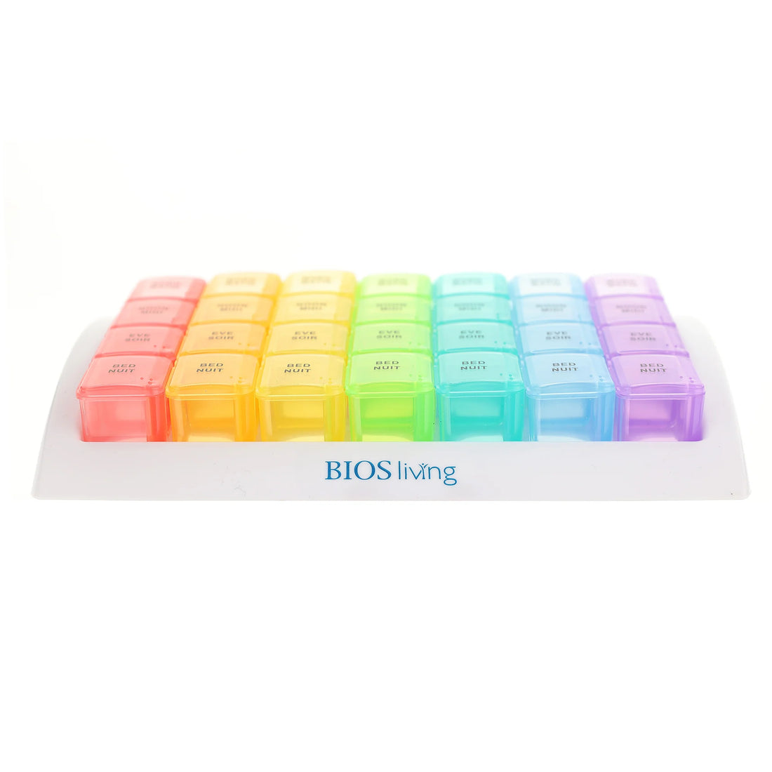 Colorful pill organizer with BIOS living branding on a white background - okotoks hc pharmacy