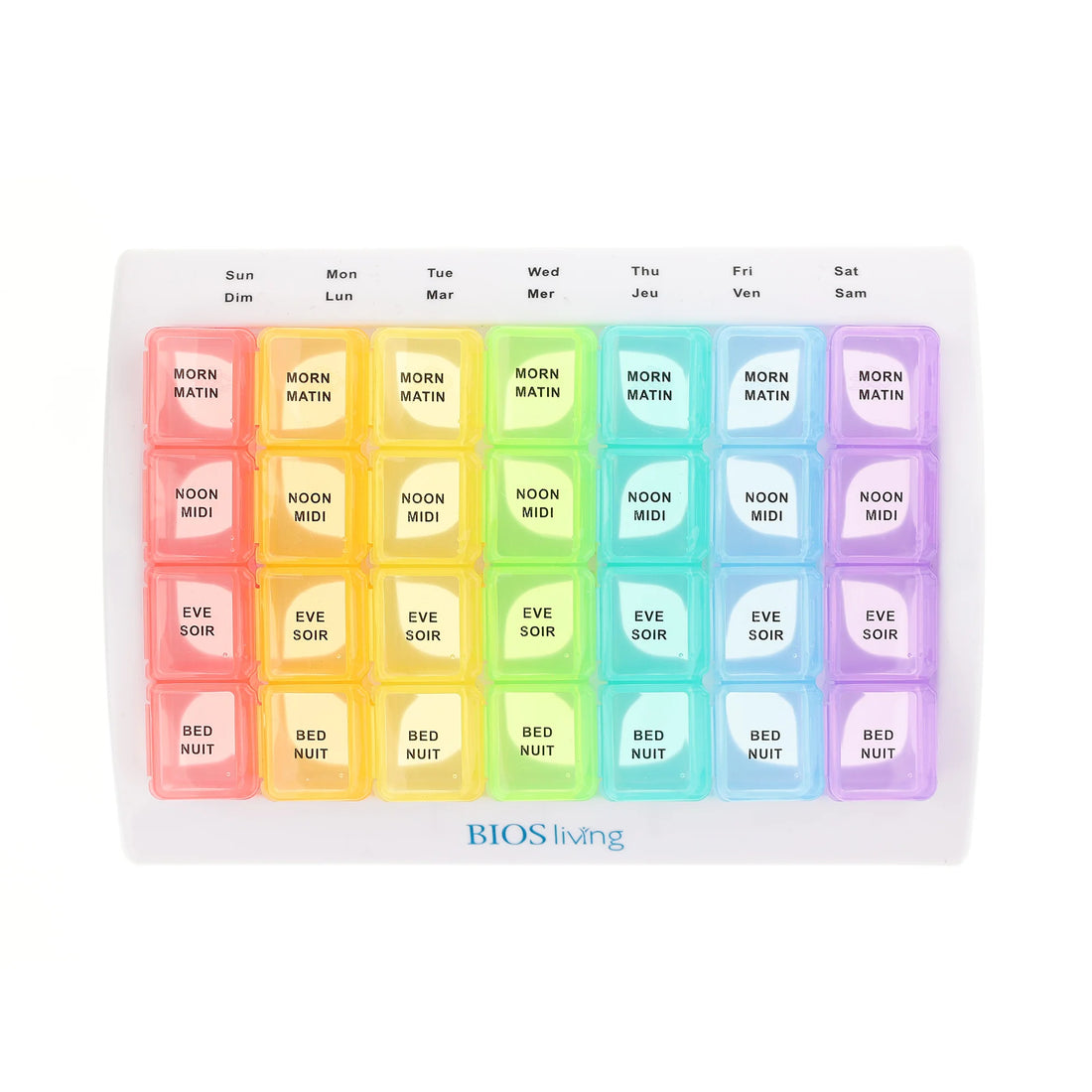 Multicolored pill organizer with BIOS living branding on a white background - okotoks hc pharmacy