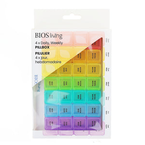 Colorful pill organizer with BIOS living branding on a white background - okotoks hc pharmacy