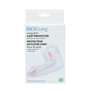 BIOS living Long Arm Cast Protector packaging, featuring a white box with a photo of a foot in a transparent cast sleeve and blue and black text. - okotoks hc pharmacy