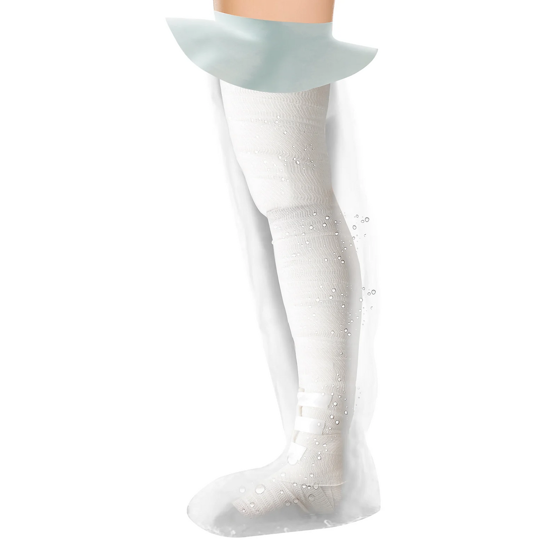 A white knee-high compression stocking or leg sleeve shown on a cropped human leg against a plain white background, with a translucent light blue cuff at the top. - okotoks hc pharmacy
