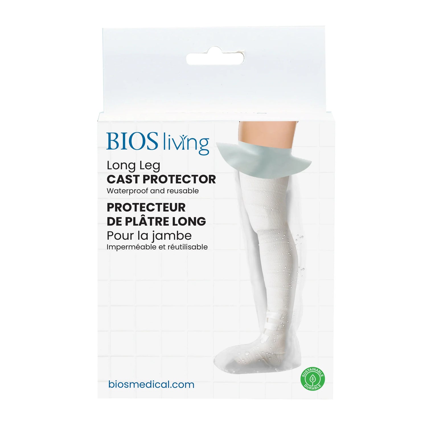 BIOS living Long Leg Cast Protector packaging, featuring a white box with blue text and a graphic of a leg wearing a white cast protector. - okotoks hc pharmacy