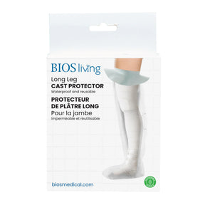 BIOS living Long Leg Cast Protector packaging, featuring a white box with blue text and a graphic of a leg wearing a white cast protector. - okotoks hc pharmacy