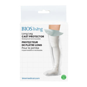 BIOS living Long Leg Cast Protector packaging, featuring a white box with blue text and a graphic of a leg wearing a white cast protector. - okotoks hc pharmacy