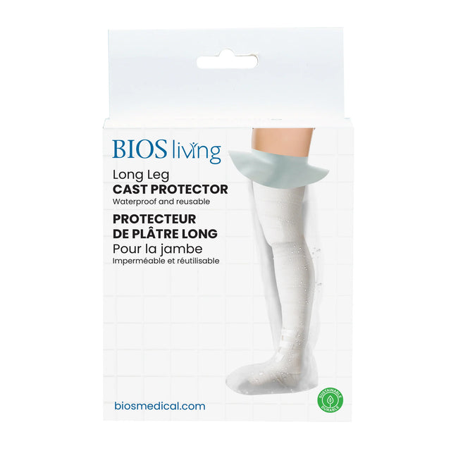 BIOS living Long Leg Cast Protector packaging, featuring a white box with blue text and a graphic of a leg wearing a white cast protector. - okotoks hc pharmacy