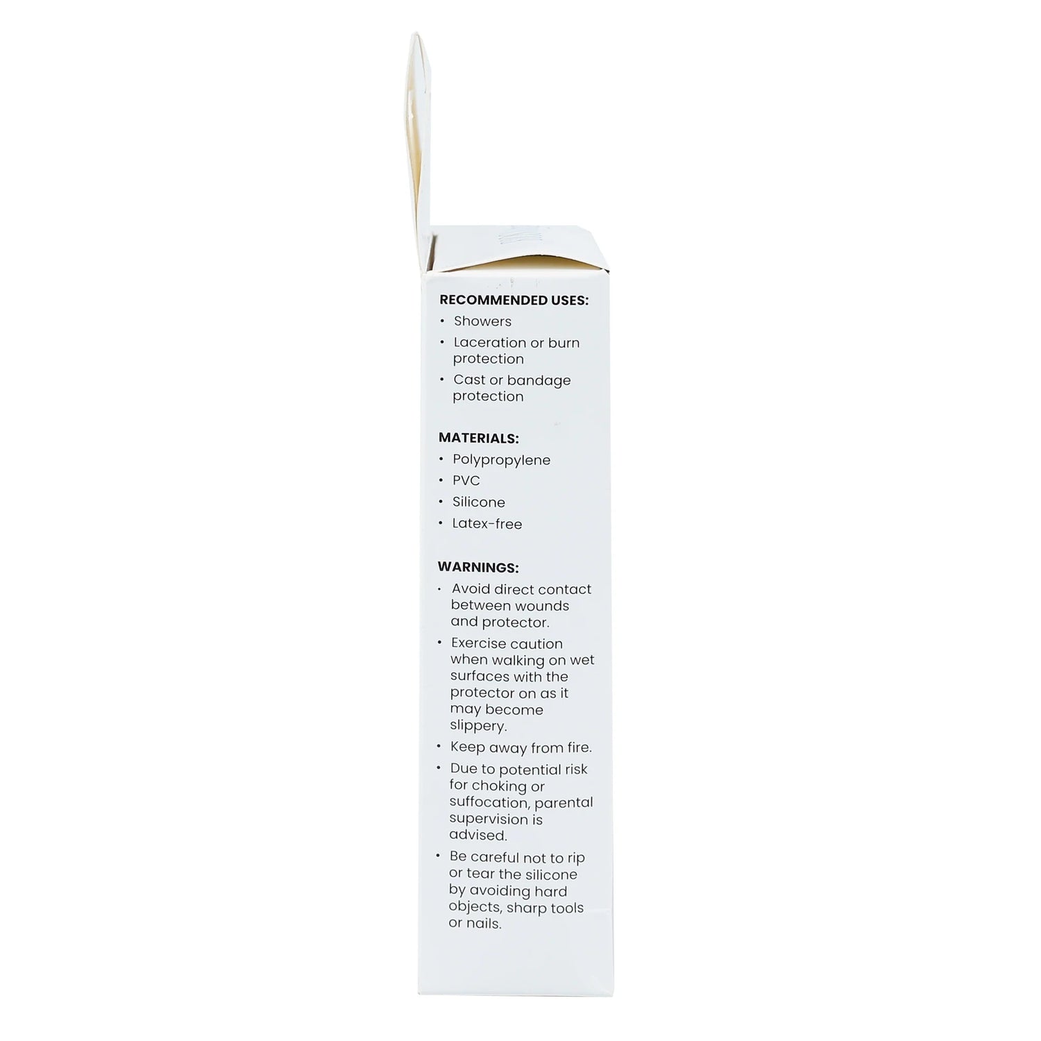 The back of a white rectangular product box with printed text about recommended uses, materials, and warnings, shown against a plain white background. - okotoks hc pharmacy