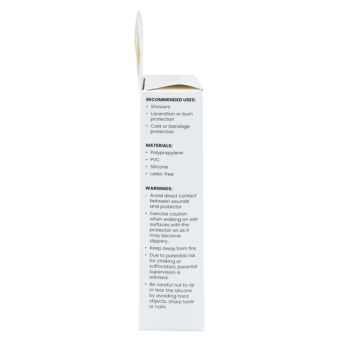 The back of a white rectangular product box with printed text about recommended uses, materials, and warnings, shown against a plain white background. - okotoks hc pharmacy