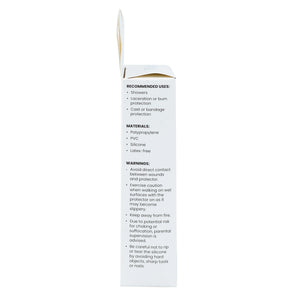 The back of a white rectangular product box with printed text about recommended uses, materials, and warnings, shown against a plain white background. - okotoks hc pharmacy