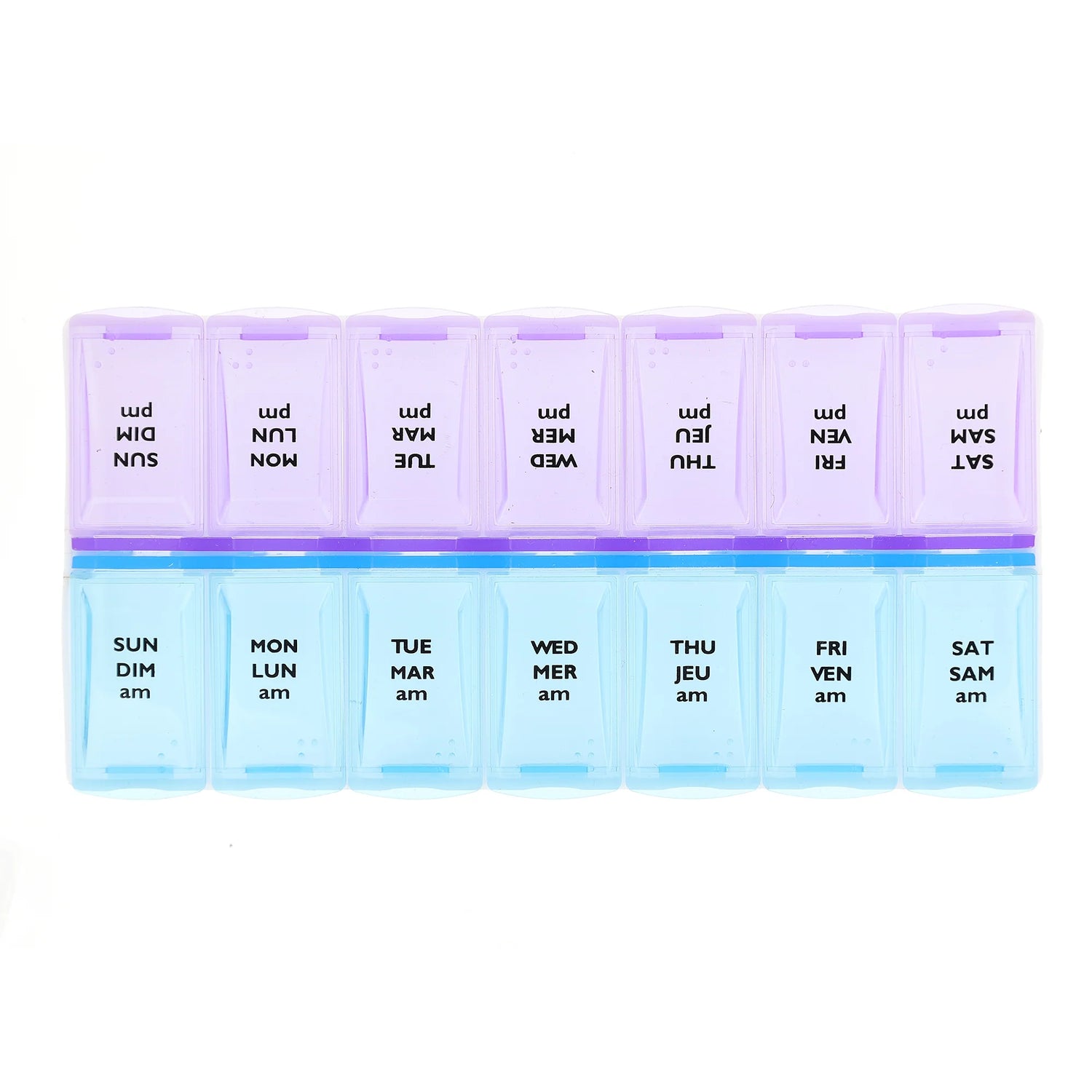 A 7-day weekly pill organizer with translucent plastic compartments. The top row is light purple with black text showing reversed days of the week (SUN, MON, etc. - okotoks hc pharmacy
