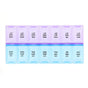 A 7-day weekly pill organizer with translucent plastic compartments. The top row is light purple with black text showing reversed days of the week (SUN, MON, etc. - okotoks hc pharmacy