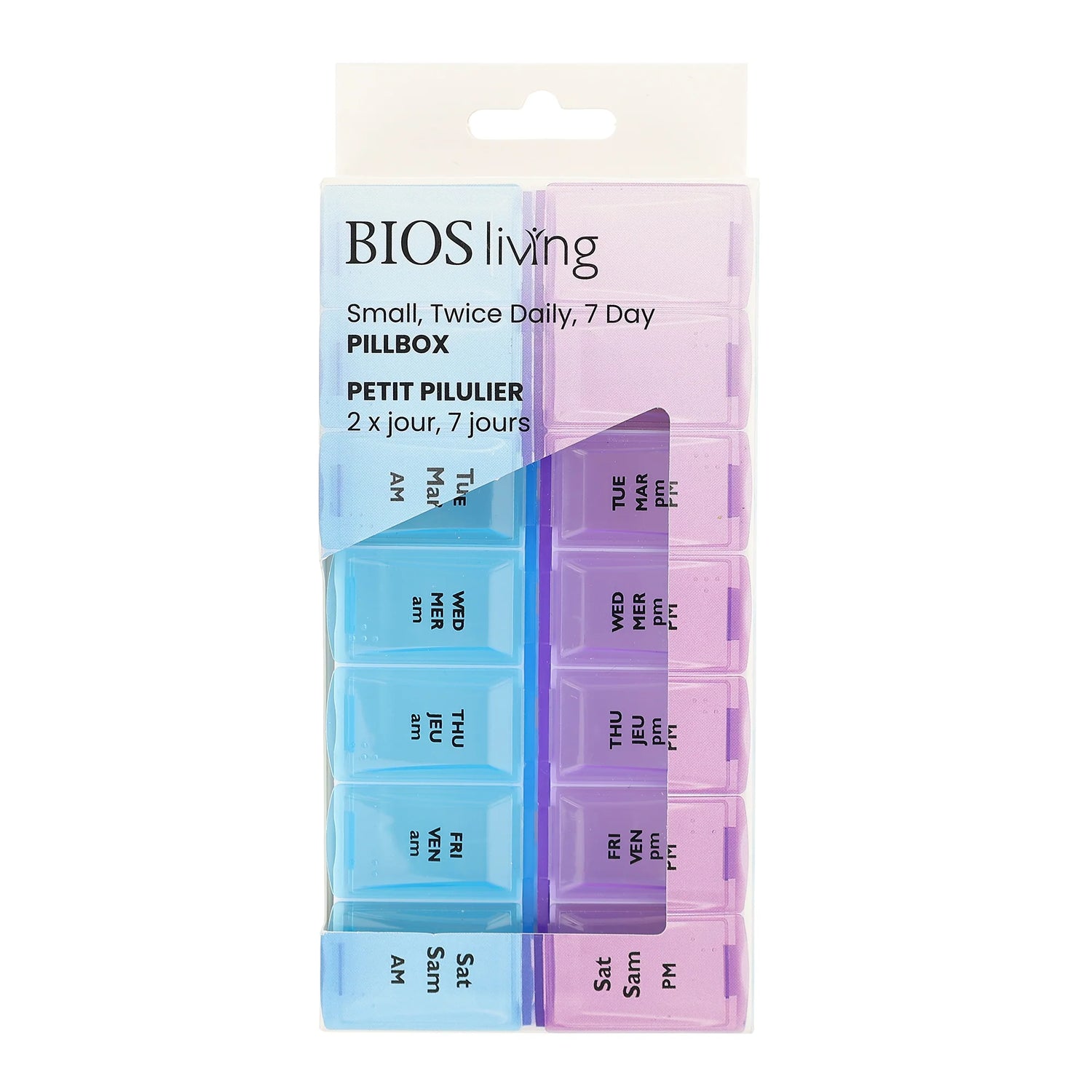 7-day pillbox with blue and purple compartments for daily medication, branded 'BIOS living'. - okotoks hc pharmacy